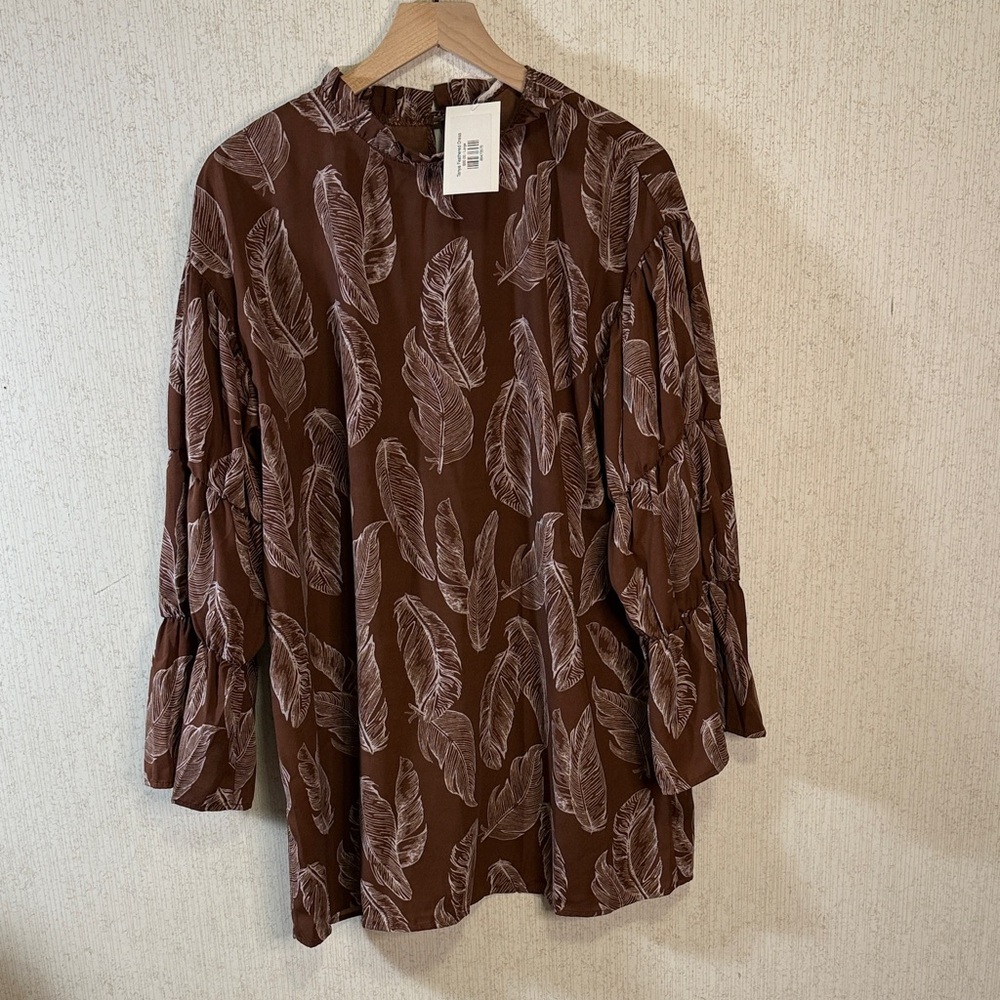 Elegant Brown Leaf Print Long Sleeve Dress